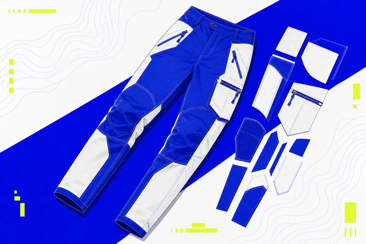 Technical illustration of blue and white hiking trousers beside separated pocket and seam panels.