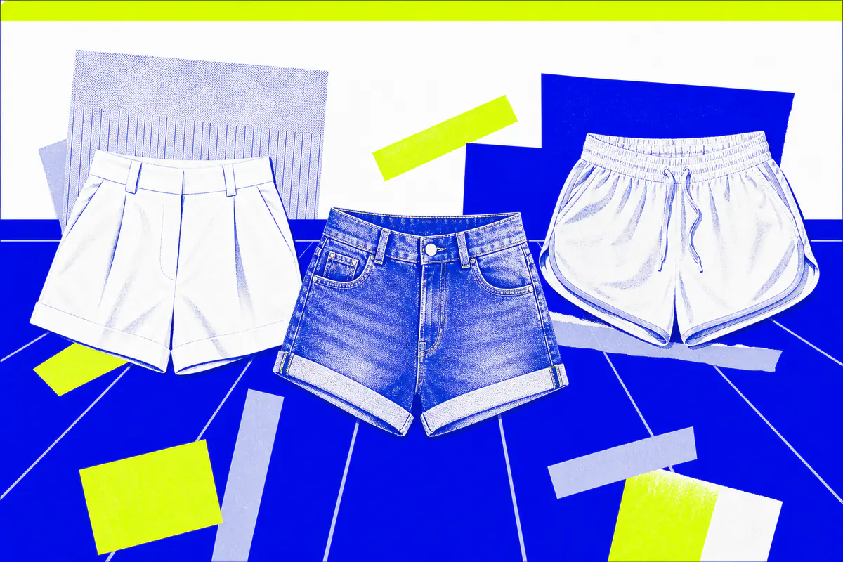 Three illustrated short styles—tailored, denim, and athletic—are arranged on a blue runway grid.