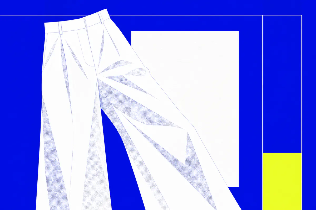 Graphic white wide-leg trousers sweep across an ultramarine fashion grid with a lime accent.